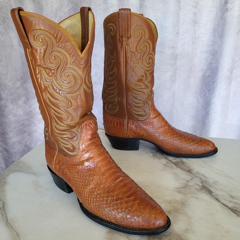 Tony Lama Python Snakeskin Western Cowboy Boots Mens Size 11 E Brown